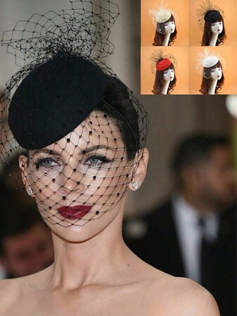 1pc Elegant Plain Color Veil Fascinator Headpiece For Women, Retro Wool Felt Hat Suitable For Wedding & Formal Party