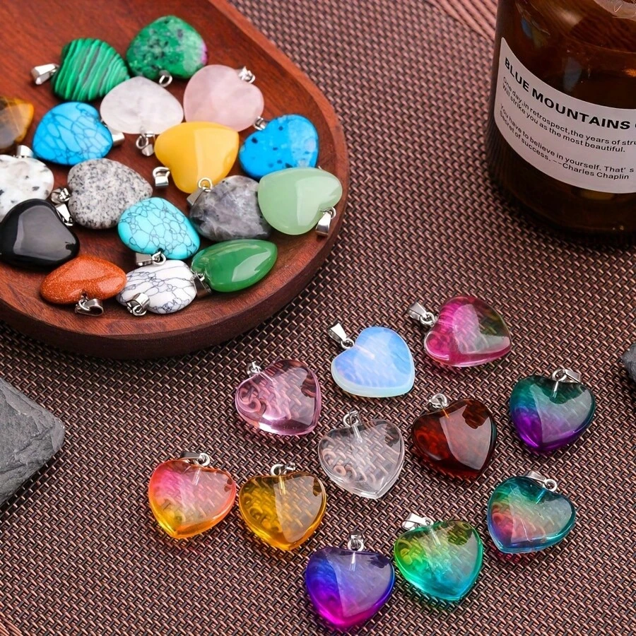 5/10/15/20pcs Random Natural Stone Crystal Heart Shaped Pendant, Exquisite Jewelry Accessory, Mixed Color Crystal Healing Stone For DIY Necklace And Earring Making - Multicolor - View 1
