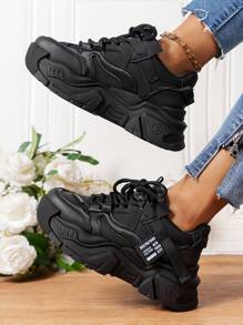 女士粗底休閒運動鞋，PU皮革全季戶外步行鞋，厚底運動鞋 - 黑色 - 查看 2