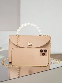 Women's Faux Pearl Decorated Tote Bag Crossbody Bag, Suitable For Everyday Outfits - Khaki - View 5