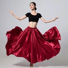 1 szt Burgudnia Panie 95CM Satyna Maks Spódnica midi Długi Sukienki Elastyczny pas Dla Taniec brzucha Przyjęcie księżniczki Cosplay Tańczenie Spódnice