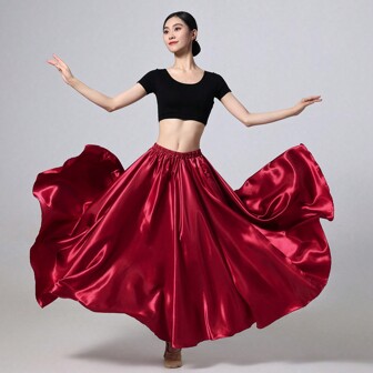 1件酒紅色女士95cm緞製長裙,彈性腰帶,適用於肚皮舞、公主派對、cosplay 舞蹈裙