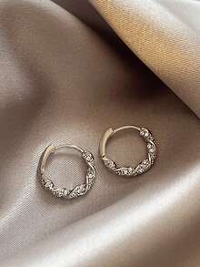 1 Pair Of Simple French-Style Light Luxury Twisted Diamond-Set Circle Earrings - Antique Silver - View 4