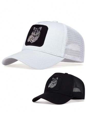 1pc Men's Trucker Hat With Wolf Head Print Embroidery, Vintage American Retro Freight Truck Driver Mesh Cap, Sun Protection Baseball Cap For Women Too, Wide Brim Hip-Hop Street Style Unisex Couple Hat, Fashionable Soft Top Big Head Surrounding Small Face, American Baseball Cap For Men, Wide Brim, Spring, Summer, Suitable For Daily Windproof & Sun Protection Outings