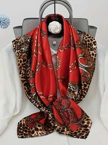 1入35.43"紅色正方形圍巾，豹紋金色鏈條仿真絲頸巾大披肩，女性時尚頭巾髮飾 - 紅色 - 查看 2