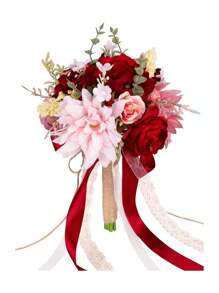Bridesmaid Bouquet, Burnt Orange Wedding Bouquets For Bridesmaids, 11 Inch Bridal Bouquets For Bridesmaids, Wedding, Ceremony, Anniversary, Homecoming, Etc - Red - View 2