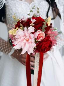 Bridesmaid Bouquet, Burnt Orange Wedding Bouquets For Bridesmaids, 11 Inch Bridal Bouquets For Bridesmaids, Wedding, Ceremony, Anniversary, Homecoming, Etc - Red - View 5