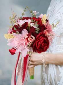 Bridesmaid Bouquet, Burnt Orange Wedding Bouquets For Bridesmaids, 11 Inch Bridal Bouquets For Bridesmaids, Wedding, Ceremony, Anniversary, Homecoming, Etc - Red - View 1