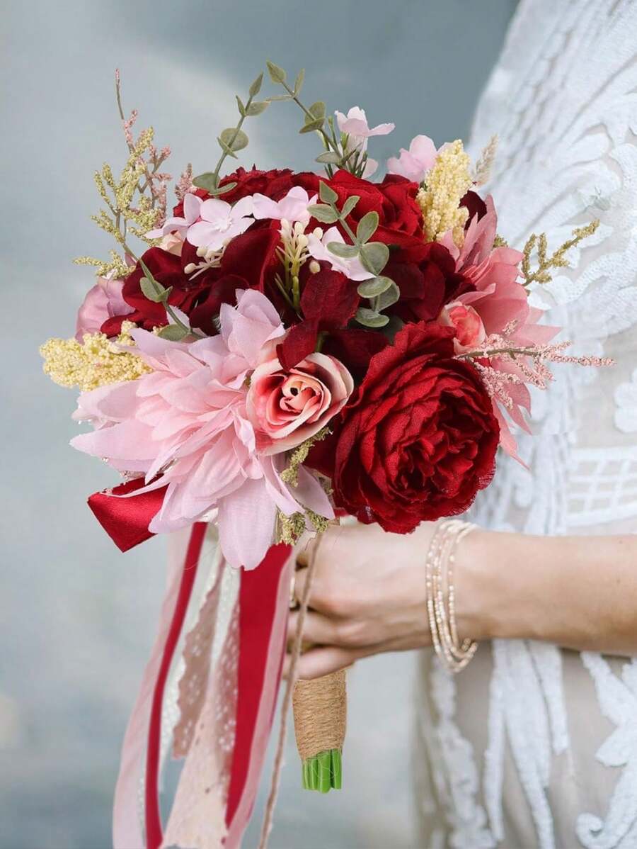 Bridesmaid Bouquet, Burnt Orange Wedding Bouquets For Bridesmaids, 11 Inch Bridal Bouquets For Bridesmaids, Wedding, Ceremony, Anniversary, Homecoming, Etc - Red - View 1