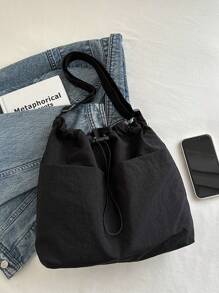 Ladies' Simple Bucket Crossbody Bag, Adjustable Shoulder Strap, Drawstring Closure, Solid Color, Casual Everyday Shoulder Bag, Street & Japanese Bag For Women