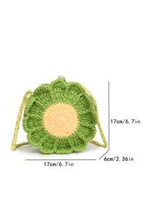 [Producto terminado] Bolso de crochet con girasoles en ambos lados, hecho a mano con bolso dulce de punto para llaves y monedas - Verde - Ver 9