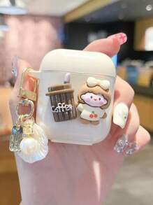 1pc Cute Coffee Girl + Shell Pendant 1/2 Earphone Case, New Wireless Earphone Protective Case For 3/4/Pro/Pro2, Boyfriend/Girlfriend Gift - Yellow - View 2