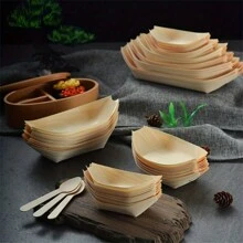 50 piezas Bandeja de barco de madera desechable, mini plato de comida, bandeja de sushi de hoja, bol de madera, para catering y uso doméstico, cocina, regalo de Navidad