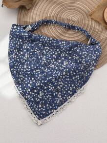 1入組女士簡約藍色小花頭巾，帶蕾絲邊，適用於日常波西米亞風格頭飾 - 藍色 - 查看 1