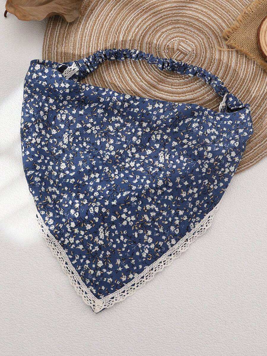 1入組女士簡約藍色小花頭巾，帶蕾絲邊，適用於日常波西米亞風格頭飾 - 藍色 - 查看 1