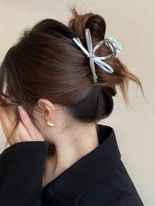 1入高檔銀色蝴蝶結女髮夾，適用於高貴頭髮造型及夏季的大髮夾頭飾 - 銀色抓夾 - 查看 5