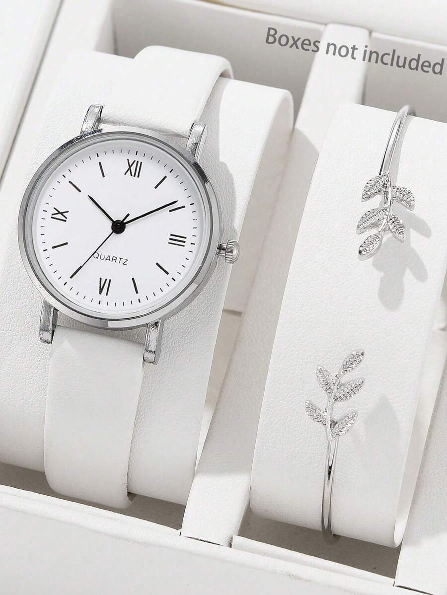 JasonRolls 2pcs/Set Women's Watch, Fashionable Minimalist Small Dial, White PU Leather Strap, Simple Numeric Scale, Ladies Quartz Watch, Alloy Leaf Bracelet, Suitable For Daily Matching And Party Wear, Watch And Bracelet Set, Birthday Gift - White - View 1