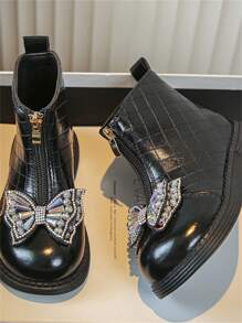 Neue Herbst Mädchen Schuhe, weiche Lederstiefel mit Strass Schleife und Frontreißverschluss