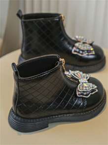 Neue Herbst Mädchen Schuhe, weiche Lederstiefel mit Strass Schleife und Frontreißverschluss