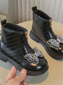 Neue Herbst Mädchen Schuhe, weiche Lederstiefel mit Strass Schleife und Frontreißverschluss