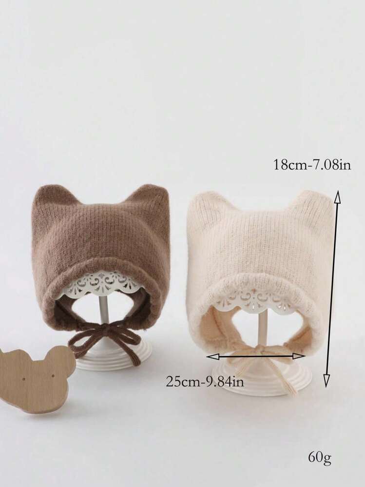 1個 3-12ヶ月用 ベビー ホワイト ニット帽 ダブルホーン付き、あたたかい秋冬用ベビー帽子、かわいいカートゥーン ベビー帽子コレクション - ベージュ - 見る 5