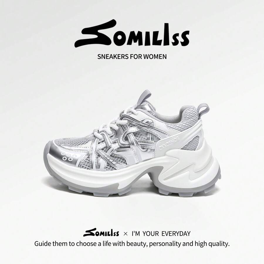 Somiliss Women's Sporty Anti-Slip Breathable Summer Shoes, Silver Front Tie Ultra-Fiber Leather Mesh Running Shoes, Classic And Fashionable 6cm Heel Height Low Vamp Outdoor Walking Shoes