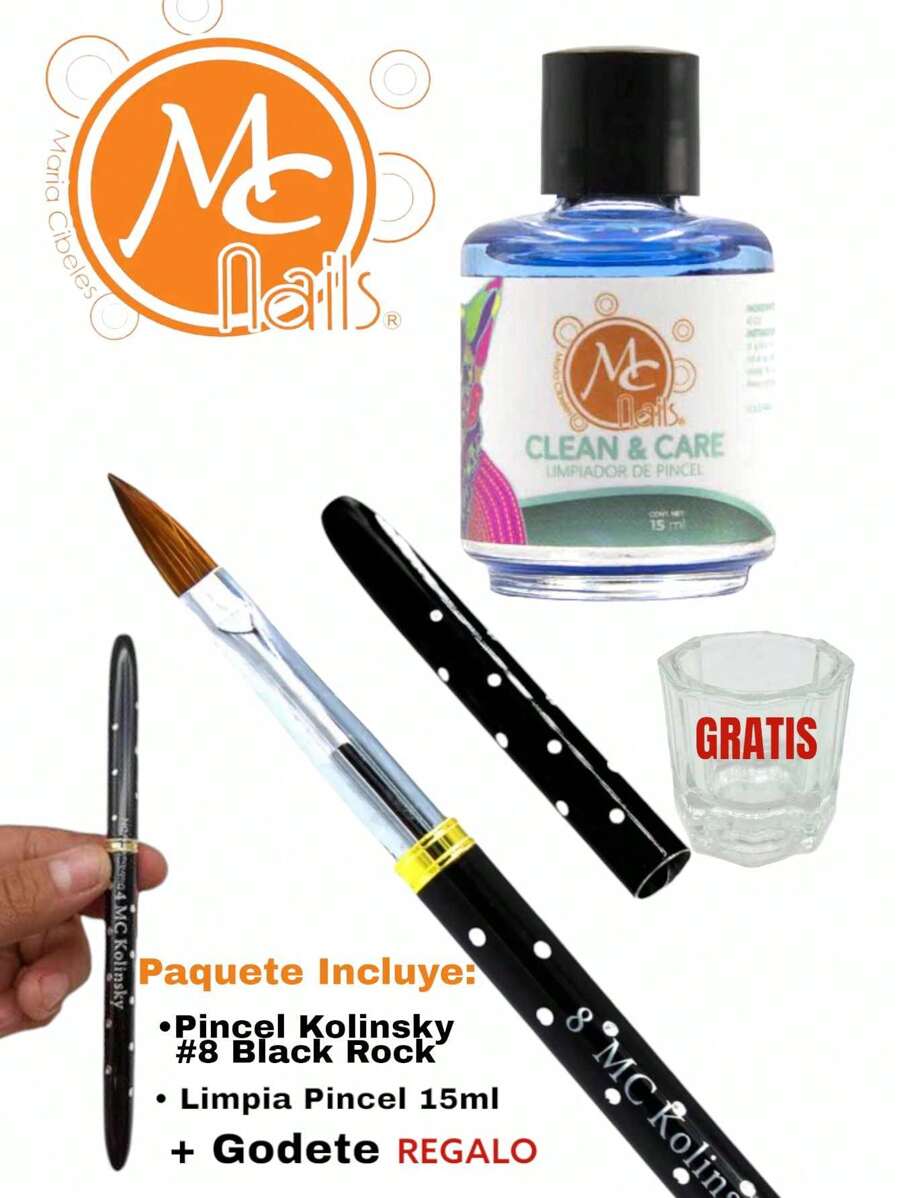Paquete Pincel Black Rock #8 MCnails + Limpia Pincel + Godete de Regalo MCnails - Negro - Ver 1