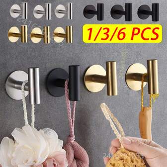 1/3/6PCS Self-Adhesive Hooks Wall Stickers Hanging Hooks Stainless Steel Coat Key Towel Holder Bag Hat Hanger Home Accessories Storage