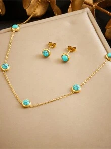 Conjunto de 1 par de Brincos e 1 colar de Aço Inoxidável com Banho de Ouro Retro Redondo de Turquesa