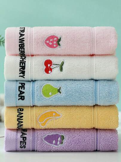 1/5条装多色可爱卡通水果刺绣图案长方形毛巾，男女皆宜，居家必备，可擦脸擦手。吸水柔软速干，四季皆宜。不缩水，不褪色。适用于浴室、厨房、节日礼物、旅行、学校、返校、旅行、旅行必需品、家居必需品、毛巾、护肤品