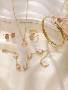 6入組/套時尚鮮豔幸運花珠寶套裝，亞克力手鏈手環五葉草項鍊戒指耳環女士珠寶套裝，適用於女性日常穿戴 - 彩色 - 查看 6