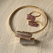Lerato Afro Bracelete de Braço Dourado ,Anel Premium e Brinco Argola Click Acessório de joia elegante para uso diário, festa viagem, Férias - Turmalina Rosa +  Selenita - Visão 3