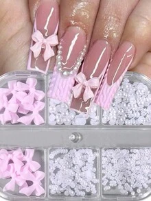 1 Box Of Cute Mini Bow 3D Cute Nail Decoration With White Pearl Nail Decoration Design DIY Pink Bow Resin Nail Accessories - Multicolor - View 2