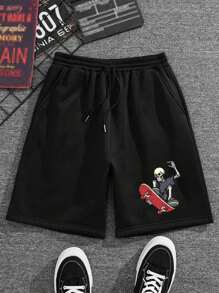 Shorts de hombre Hombres Pantalones Cortos Con Cintura Con Cordón Y Diseño Impreso De Calaveras regalos para hombre - Negro - Ver 1
