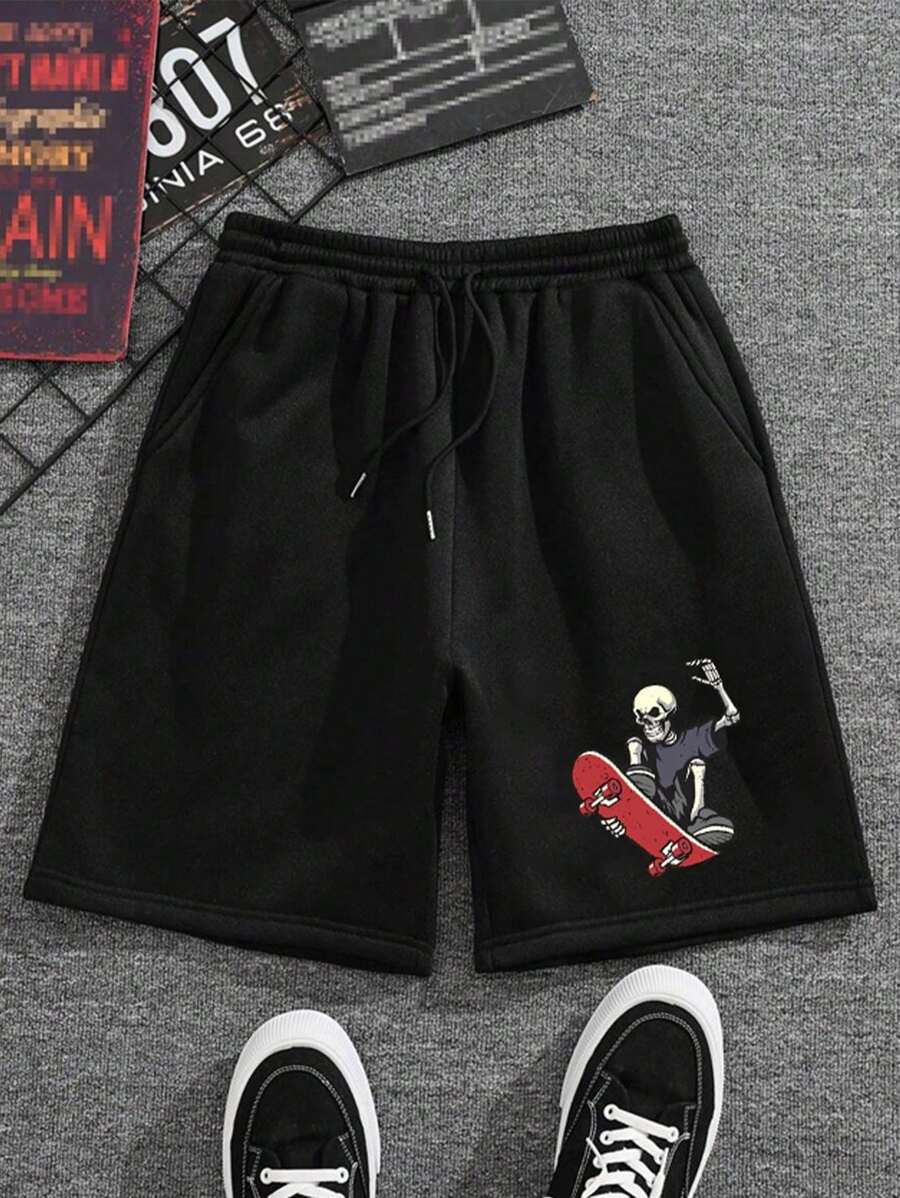 Shorts de hombre Hombres Pantalones Cortos Con Cintura Con Cordón Y Diseño Impreso De Calaveras regalos para hombre - Negro - Ver 1