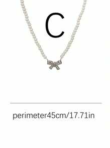 Rhinestone Bow Decor Faux Pearl Beaded Necklace Valentines,Mom,Mother,Mother's Day,Gift - Silver - View 15