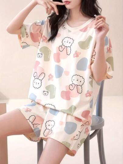AICJ 2pcs Set Women's Cute Rabbit & Color Block Print Sleepwear, Casual Short Sleeve T-Shirt And Pocket Shorts Pajama Set,Two Pieces Set