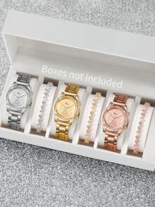 Women's 6pcs/Set Stainless Steel Band Quartz Wrist Watch With Diamond Dial & Heart-Shaped Crystal Bracelet, Elegant Watch Accessory Set (Excluding Watch Box) - 彩色 - 查看 1