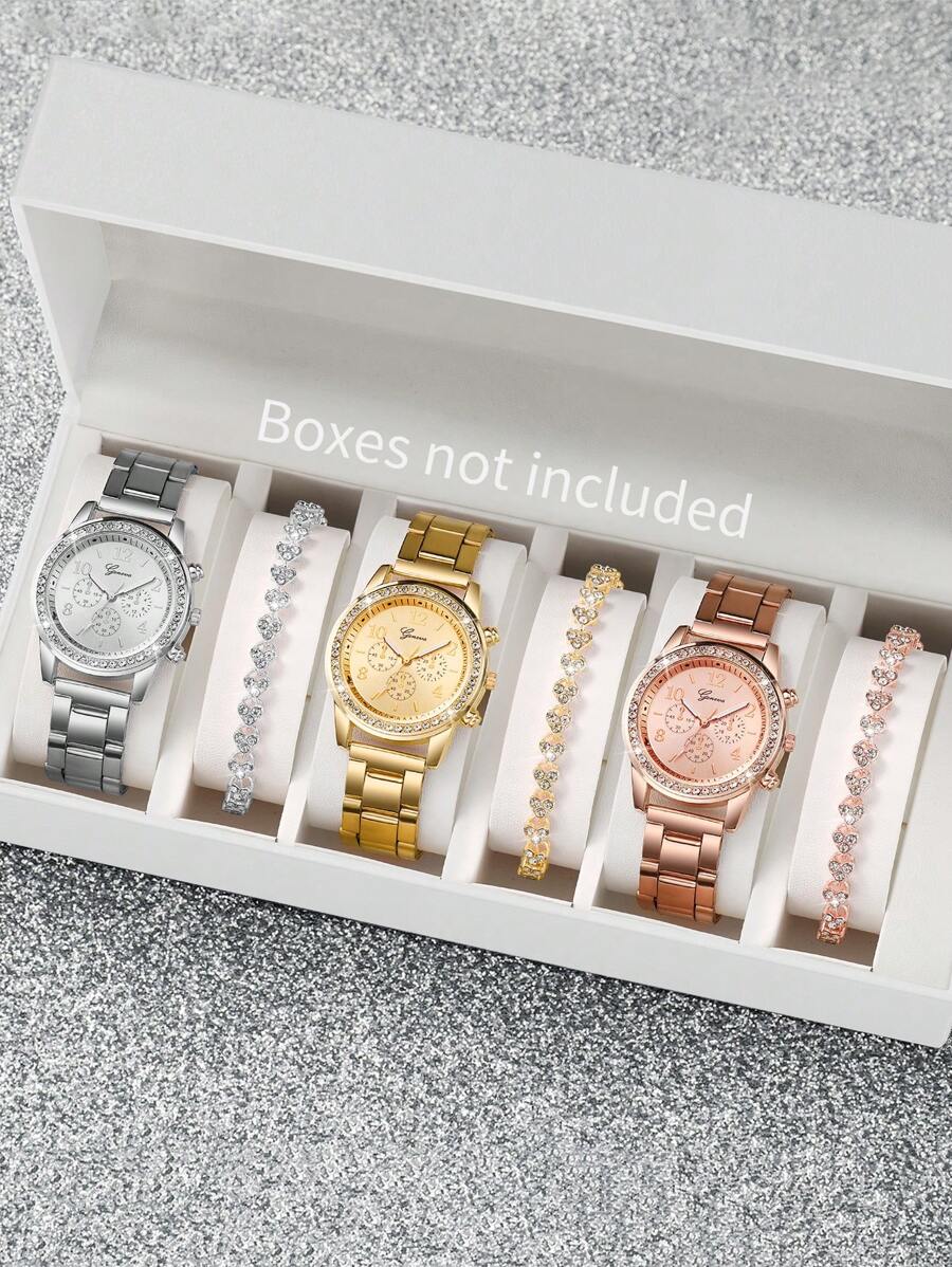 Women's 6pcs/Set Stainless Steel Band Quartz Wrist Watch With Diamond Dial & Heart-Shaped Crystal Bracelet, Elegant Watch Accessory Set (Excluding Watch Box) - 彩色 - 查看 1