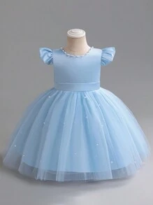 H HIBOBI Baby Girl Flutter Sleeve Mesh Contrast Dress With Beaded Bow Decoration - Blue - View 2