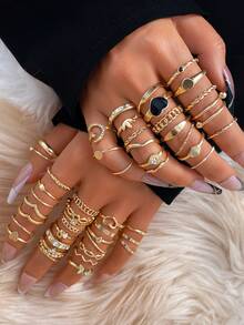 VKME 49 piezas Conjunto de anillos con corazones negros, luna, mariposa y efecto diamante, de estilo bohemio premium, para uso diario y casual de mujeres - Amarillo Oro - Ver 2