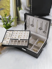 1 Pc Black Minimalist Double-Layer Large Capacity Flip Jewelry Storage Box, Wooden PU Leather Jewelry Box, Multi-Layer Sandwich Space Design, Large Capacity Storage Box, Suitable For Storing More Jewelry At Home, Accessory Storage - Black - View 1