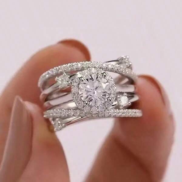 1pc Luxurious Exquisite Elegant Multilayered Cubic Zirconia Women's Decorative Ring, Suitable For Daily Wear, Parties, Celebrations And Engagement, Perfect Gift For Holidays