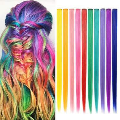 10 Stücke Prinzessin Mehrfarbig Highlights Gestreifte Synthetische Haarverlängerung Clip-In Haarteil, Regenbogen, 22 Zoll, für Schönheit und persönlichen Gebrauch
