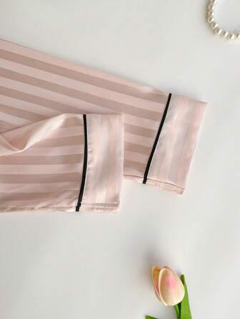 Hot-Selling Women's Pink Stripe Thin Long Sleeve Top & Pants Pajama Set With Lapel Collar, 2pcs,Two Piece Set, Fall Winter Clothes
