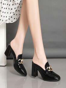 Women's Backless High Heels With Chain Decoration, Fashion Square Toe Slip-On Chunky Heeled Sandals, Versatile Outgoing Shoes