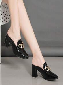 Women's Backless High Heels With Chain Decoration, Fashion Square Toe Slip-On Chunky Heeled Sandals, Versatile Outgoing Shoes
