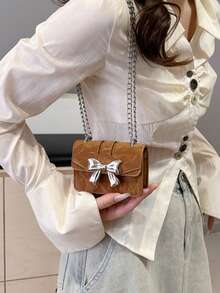 仿皮迷你翻盖链条斜挎包，纯色绒面革衬里，百搭秋冬季款 - 棕色 - 查看 2