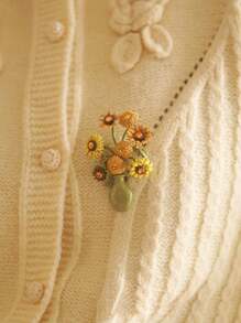 Van Gogh Sunflower Brooch, Vintage Oil Painting Style, Mori Style Plant Collar Pin, Unique Design Gift For Someone Special Cute - Yellow - View 1