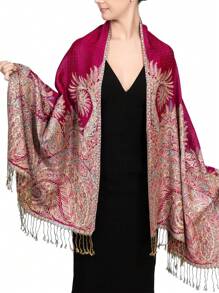 FADZOYLE 1 件女士海滩配饰奢华双层提花大佩斯利羊绒披肩围巾海滩罩衫纱笼羊绒手感狂野柔软丝滑双面围巾流苏日常生活晚礼服旅游办公室婚礼和礼品配饰女士